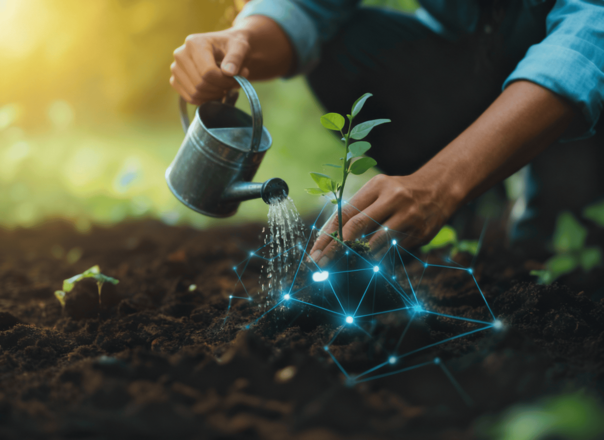 A gardenere with a watering can, watering a seedling, with a connected net of energy showing over the ground